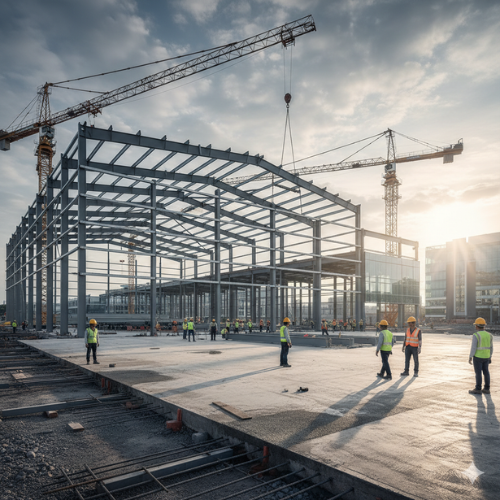 Modern warehouse construction with steel PEB structure, high-rise beams, industrial flooring setup, and workers building a large logistics facility
