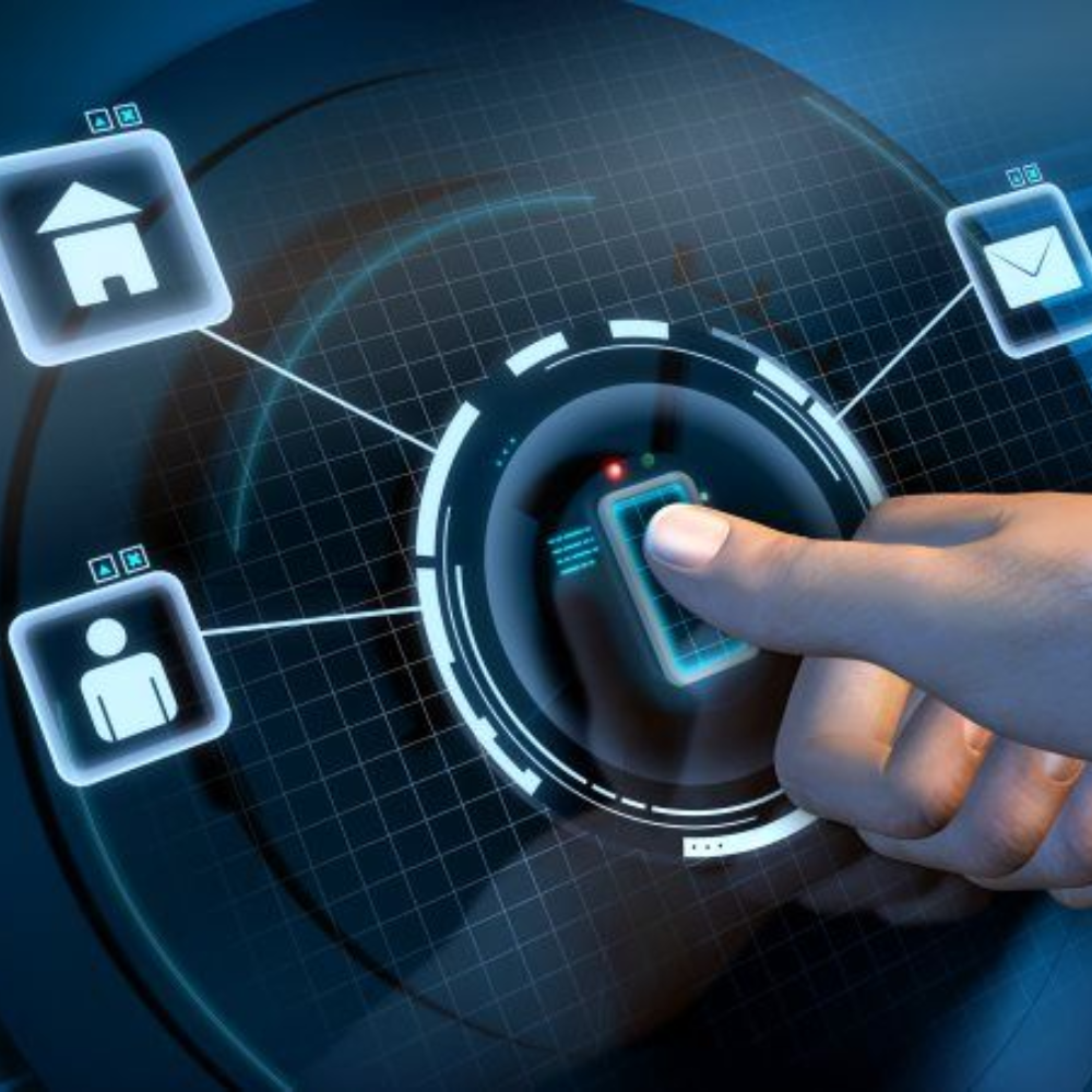 Modern access control devices including biometric door locks, fingerprint locks, iris scanners, and card readers installed in a corporate workspace.