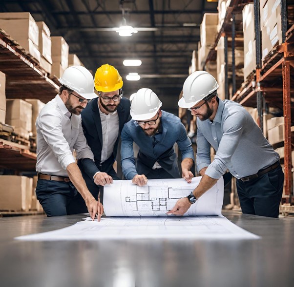 A group of skilled professionals working in a warehouse on a blueprint