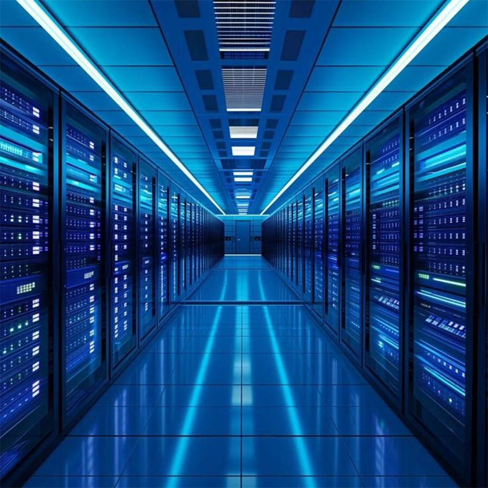 Rows of servers in a data center, highlighting IT infrastructure for warehousing